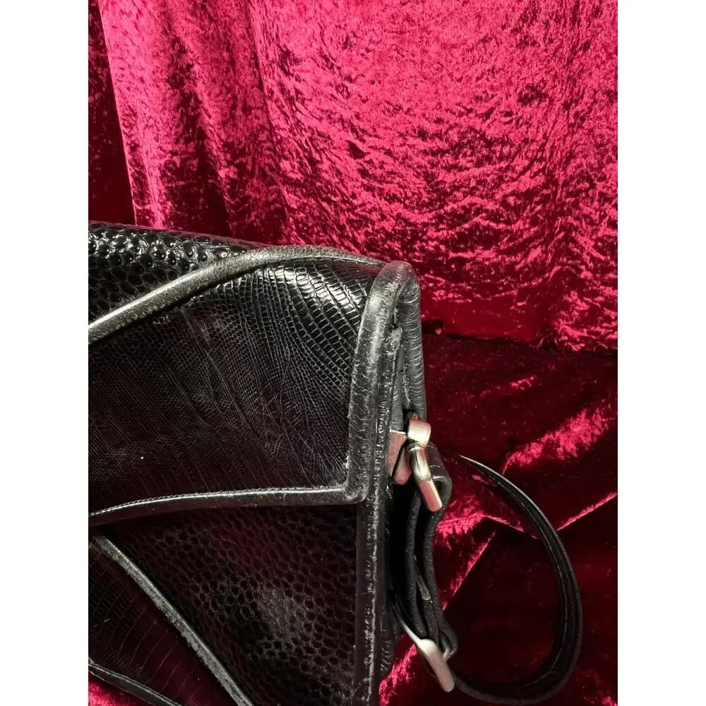 Vintage Y2K Black Leather Shoulder Bag - Reptile Embossed Patchwork Purse